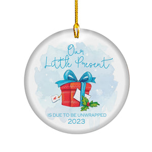 Christmas Tree Decorations Ornaments 2023 - Our Little Present 2023 Festive - Hanging Decor Merry Xmas Tree - Parents Family Expecting Baby Surprise Pregnancy Announcement Ceramic Ornament