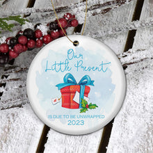 Load image into Gallery viewer, Christmas Tree Decorations Ornaments 2023 - Our Little Present 2023 Festive - Hanging Decor Merry Xmas Tree - Parents Family Expecting Baby Surprise Pregnancy Announcement Ceramic Ornament