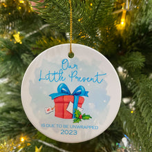 Load image into Gallery viewer, Christmas Tree Decorations Ornaments 2023 - Our Little Present 2023 Festive - Hanging Decor Merry Xmas Tree - Parents Family Expecting Baby Surprise Pregnancy Announcement Ceramic Ornament