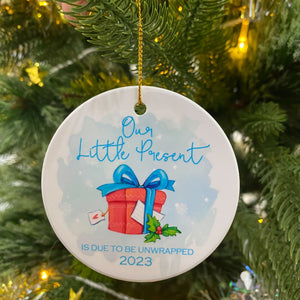 Christmas Tree Decorations Ornaments 2023 - Our Little Present 2023 Festive - Hanging Decor Merry Xmas Tree - Parents Family Expecting Baby Surprise Pregnancy Announcement Ceramic Ornament