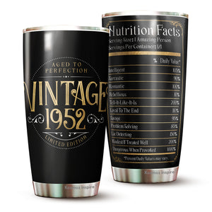 Kozmoz Inspire Vintage Aged to Perfection 1952 Nutrition Facts Tumbler of the Seventies - 70 Birthday Party, Turning 70 Birthday, 70th Bday For Her & Him, Seventy Birthday Tumbler 20 Oz