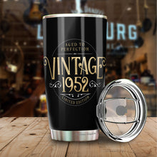 Load image into Gallery viewer, Kozmoz Inspire Vintage Aged to Perfection 1952 Nutrition Facts Tumbler of the Seventies - 70 Birthday Party, Turning 70 Birthday, 70th Bday For Her &amp; Him, Seventy Birthday Tumbler 20 Oz