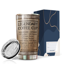 Load image into Gallery viewer, Legendary Coffee Wine Drum Tumbler - Game Inspired Cup, Coffee Stats, Gamer Gift, Birthday Gift, Coffee Mug, Coffee Stats Tumbler 20 Oz