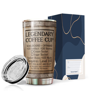 Legendary Coffee Wine Drum Tumbler - Game Inspired Cup, Coffee Stats, Gamer Gift, Birthday Gift, Coffee Mug, Coffee Stats Tumbler 20 Oz