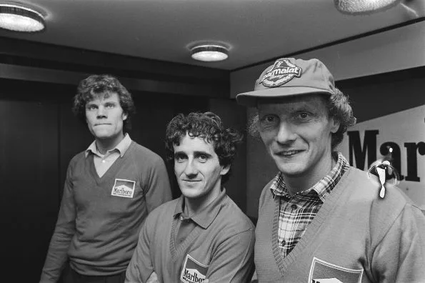 Niki Lauda and Alain Prost at Schiphol press conference after securing 1st and 2nd place in the F1 World Championship for Marlboro McLaren