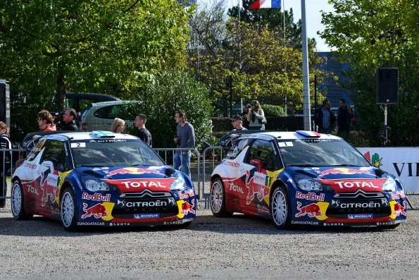 Sebastien Loeb and Mikko Hirvonen's cars at the Colmar Assistance Park during the Rally France-Alsace 2012.