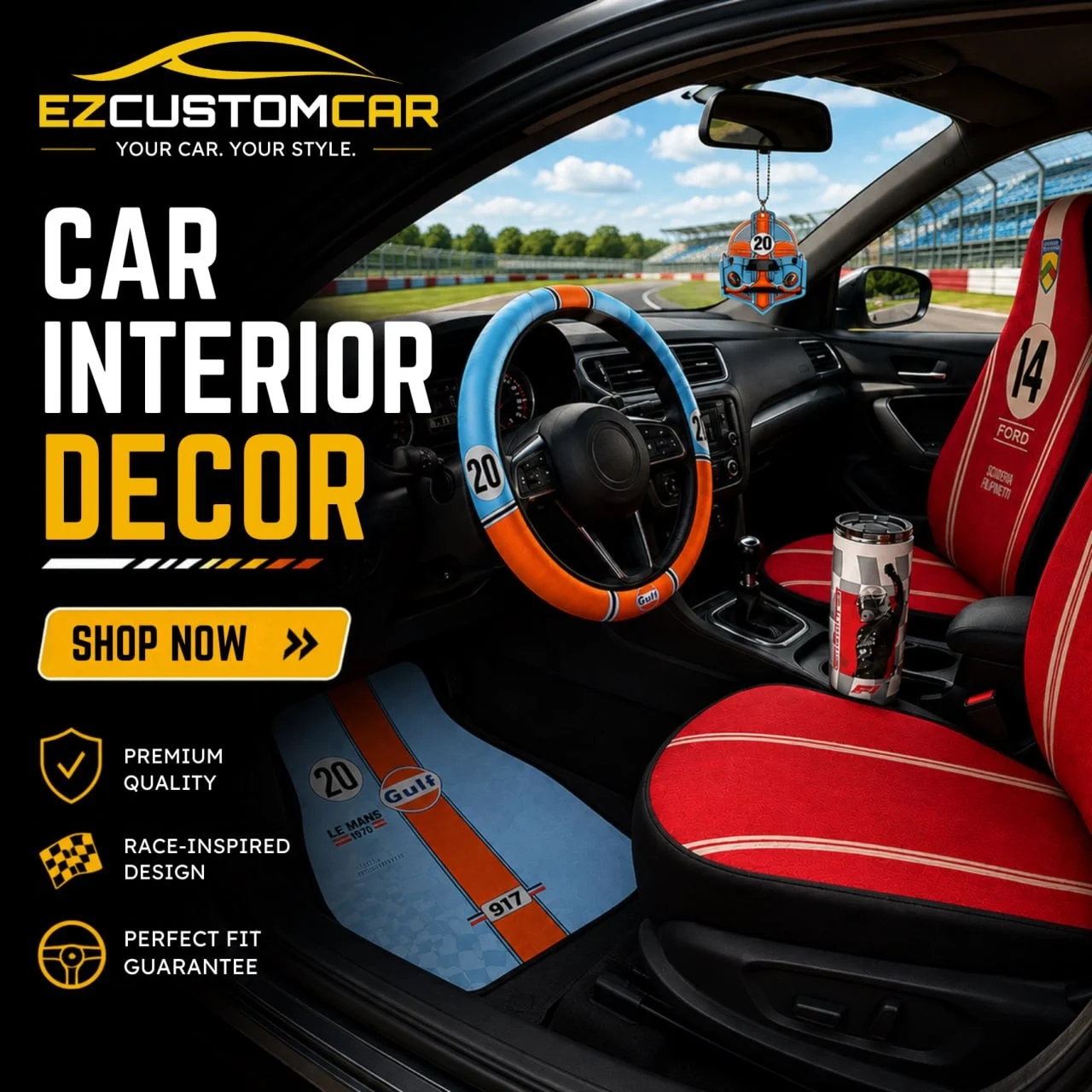 EZCustomcar race-inspired steering wheel cover, seat cover, floor mat and car accessories