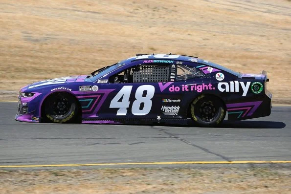 Alex Bowman's purple number 48 Ally Chevrolet on track at Sonoma Raceway.