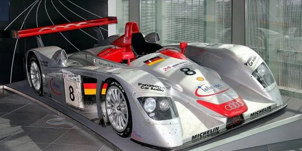 Audi R8 LMP Le Mans prototype, side view on museum display