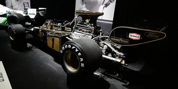 Lotus 72 Formula One car in black and gold John Player Special livery on display