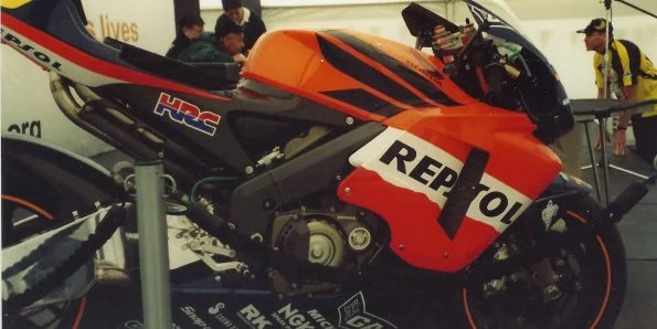 The Honda RC211V ridden by Valentino Rossi in 2002, on display