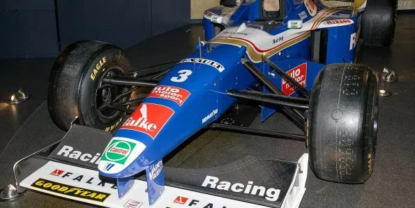 A Williams FW19 shown front three-quarter at the Williams Conference Centre