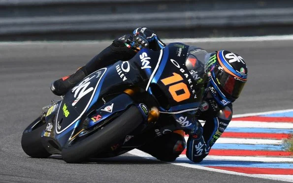 Pertamina Enduro VR46 Luca Marini riding the Sky Racing Team Moto2 machine in dark blue livery