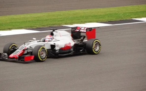 Haas VF-16 race car driven by Romain Grosjean at the 2016 British Grand Prix
