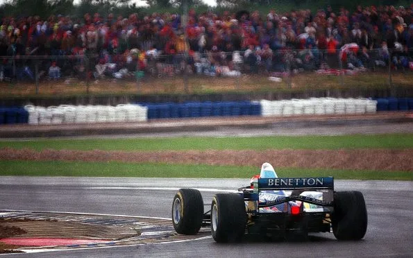 Benetton Renault F1 B195 racing car driven by Johnny Herbert in Mild Seven livery at the 1995 British Grand Prix