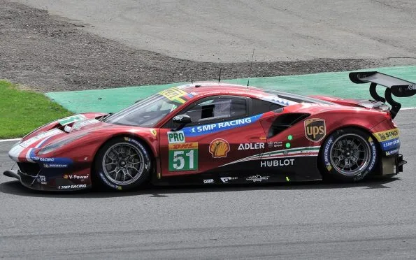 Ferrari AF Corse red 488 GTE race car competing in the GTE-Pro class at the circuit