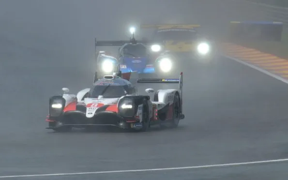Toyota Gazoo Racing TS050 Hybrid racing car competing and cornering at high speed during the 2019 6 Hours of Spa-Francorchamps.
