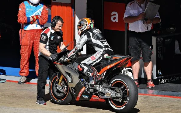 Aprilia Racing RS-GP prototype motorcycle on track during the 2015 premier class works return season