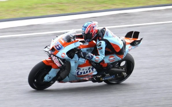 Trackhouse Racing Aprilia motorcycle featuring the distinctive Gulf-inspired livery ridden during the 2025 MotoGP season.