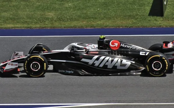 Haas F1 racing car side profile driven by Nico Hulkenberg at the 2024 Austrian Grand Prix