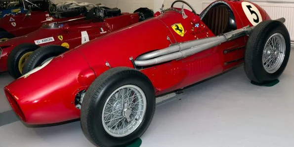 A 1952 Ferrari 500 F2 Grand Prix car photographed front three-quarter at the Donington Grand Prix Collection