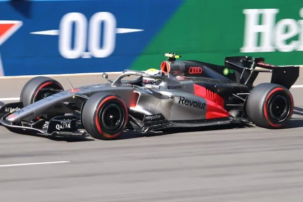 Gabriel Bortoleto in the silver and black Audi R26 during qualifying in China.