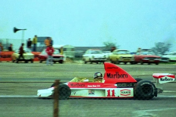 James Hunt in the Texaco-Marlboro McLaren M23 at Silverstone in 1976