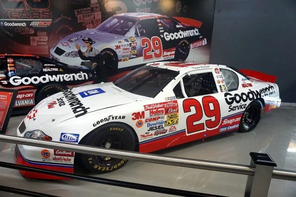 Kevin Harvick's number 29 GM Goodwrench Chevrolet Monte Carlo in white and black, on display at the Richard Childress Racing Museum.
