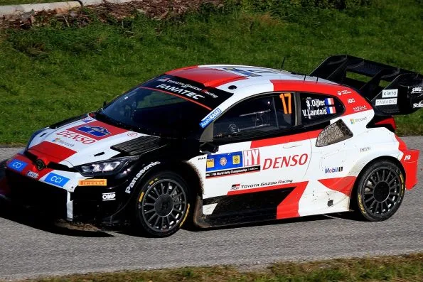Sébastien Ogier and co-driver Vincent Landais piloting the #17 Toyota GR Yaris at the 2023 Central European Rally.