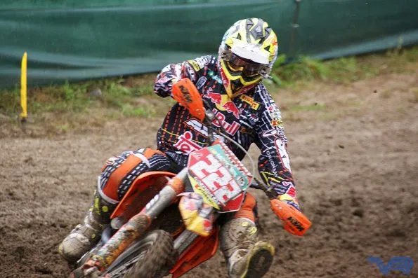 Antonio Cairoli cornering his Red Bull KTM at Loket in the Czech Republic in 2011, the year of his third consecutive premier-class title.
