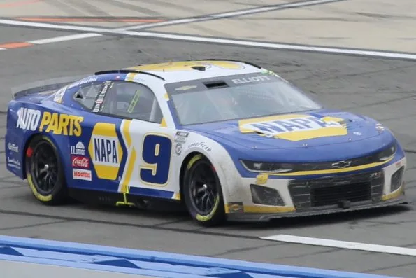 Chase Elliott's No. 9 NAPA Auto Parts Chevrolet on track at Auto Club Speedway in 2023.