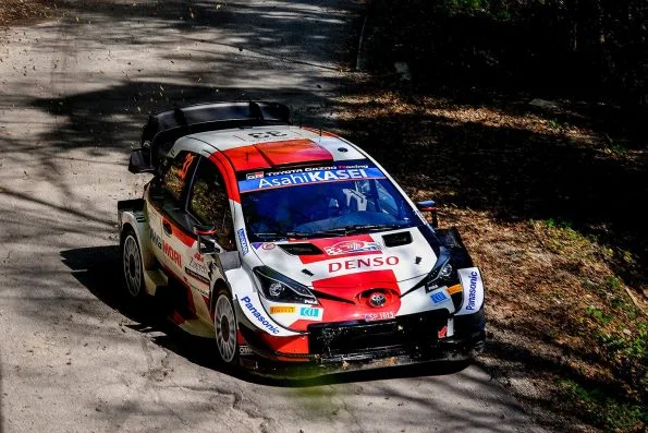Elfyn Evans's Toyota Yaris WRC, car 33, seen from above on a dappled asphalt stage at the Croatia Rally in 2021.