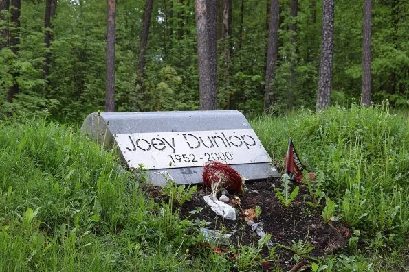 The memorial to Joey Dunlop beside the Pirita-Kose-Kloostrimetsa circuit in Tallinn, Estonia, at the site of the crash that killed him in July 2000.