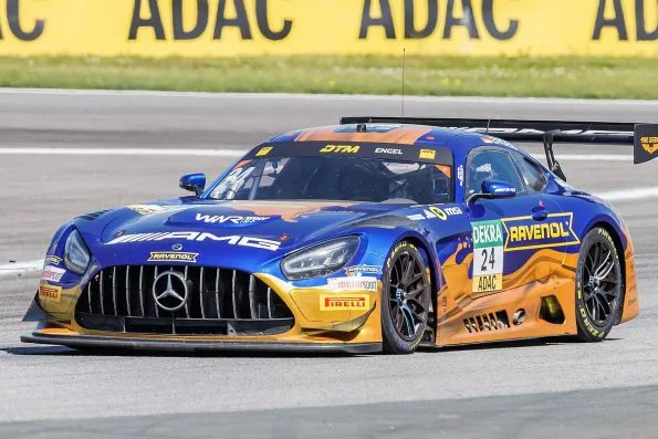 Maro Engel’s Mercedes-AMG GT3 running at Oschersleben during the 2025 DTM season, in which he finished third for the second year running.