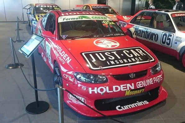 The red Holden Motorsport Monaro that Peter Brock shared with Greg Murphy, Jason Bright and Todd Kelly to win the 2003 Bathurst 24 Hour, on display at The Bend Motorsport Park