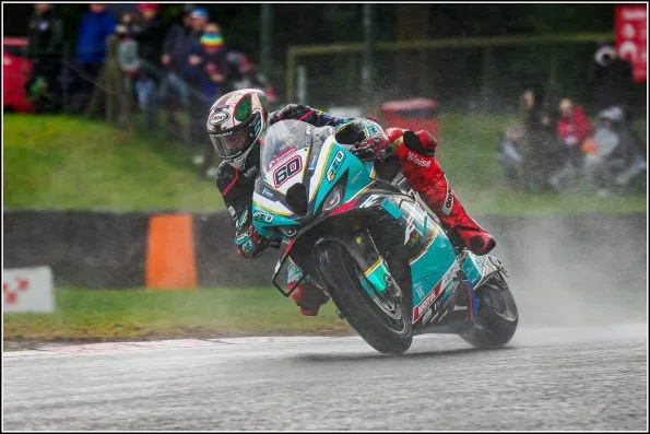 Peter Hickman riding the number 60 FHO Racing BMW Motorrad in wet qualifying at Brands Hatch during the 2023 British Superbike Championship.