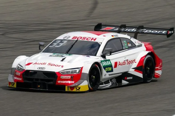 The number 33 Audi Sport Team Rosberg RS5 Turbo DTM of René Rast in first practice at the Hockenheimring in May 2019.