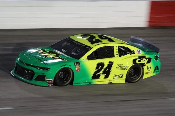William Byron's green No. 24 City Chevrolet at Darlington Raceway in 2019.