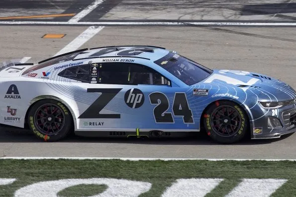 William Byron's light blue No. 24 Z by HP Chevrolet on track at Las Vegas Motor Speedway in 2024.